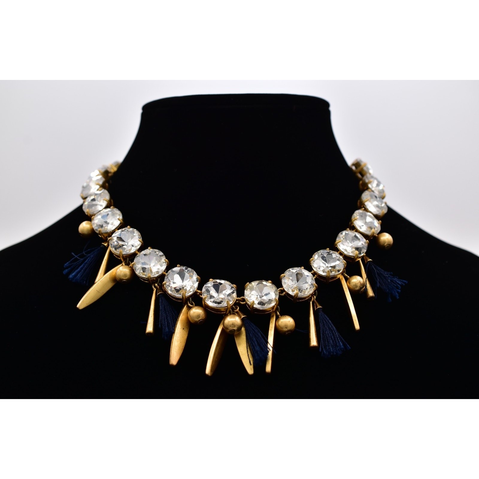 Ann Taylor Vintage Crystal Collar Necklace Dangle Navy Brushed Gold Chunky BinBL