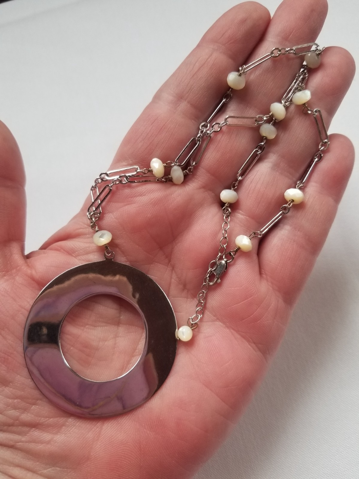 Sterling Silver Circle Pendant Necklace Paper Clip Chain White Quartz Italy 13g