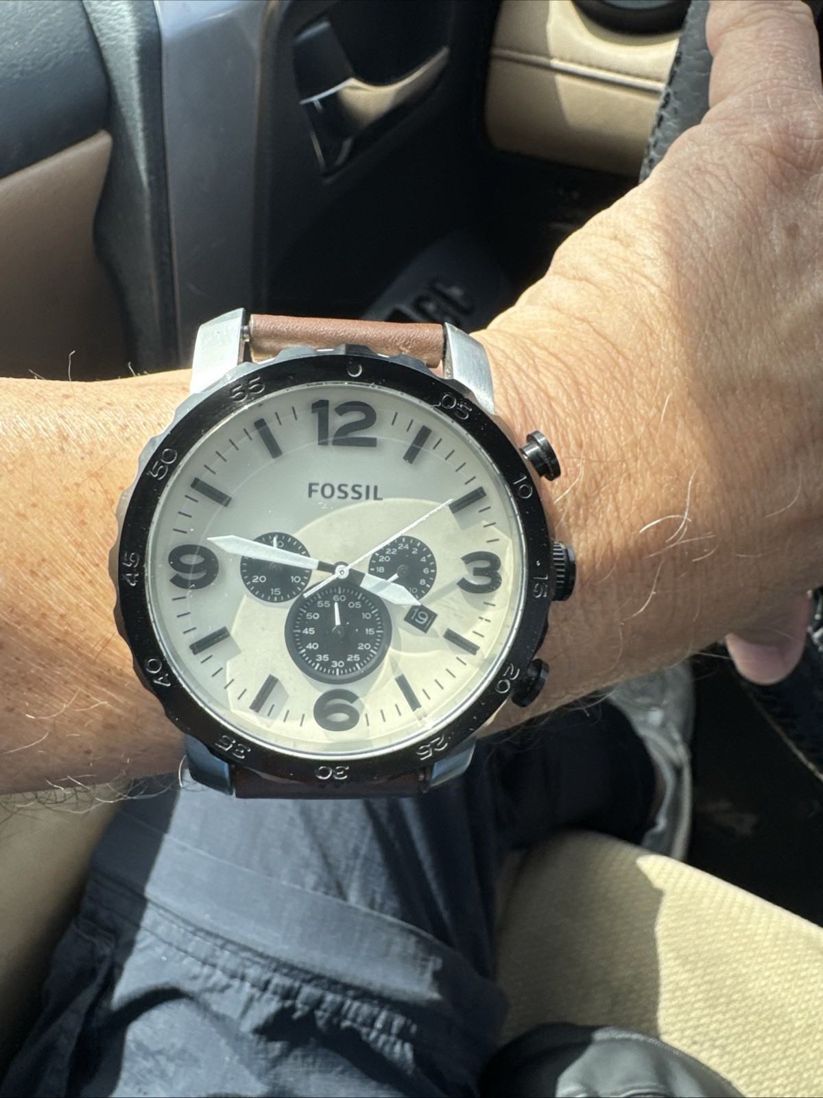 Fossil Nate JR1390 Men’s Chronograph Watch Cream Dial 50mm Brown Leather Strap