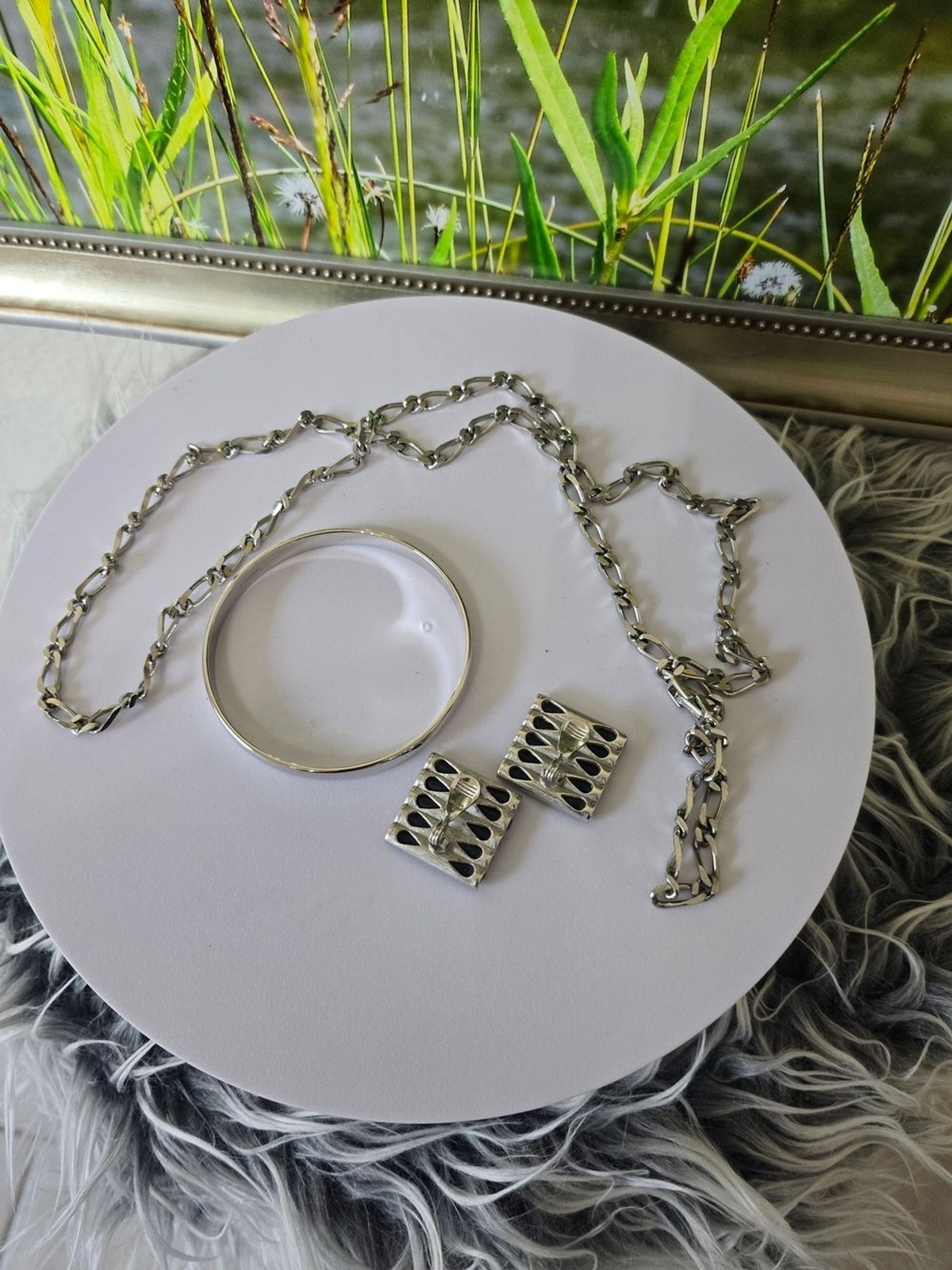 Monet Silver Tone 3 Piece Jewelry Set Long Necklace Bracelet Clip On Earrings