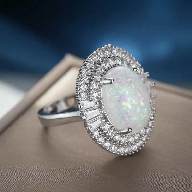 Elegant 925 Sterling Silver Rainbow Opal Charms Engagement Wedding Ring Size 8