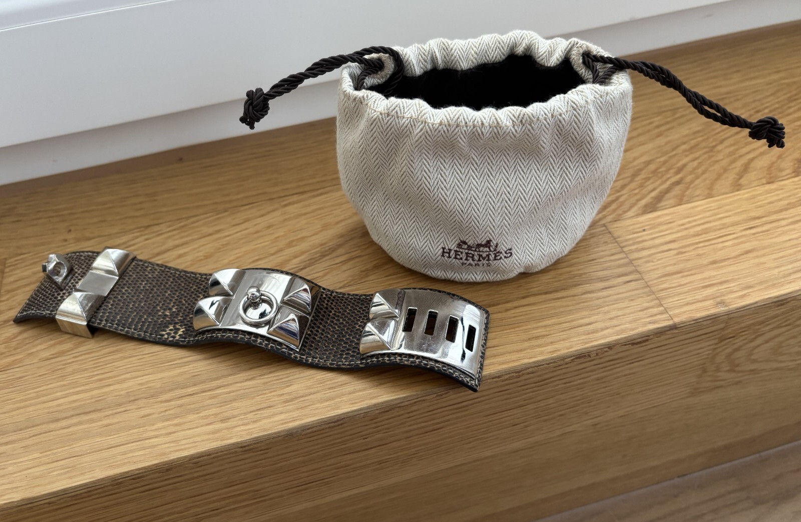 Hermès Collier de Chien Lizard Leather Genuine Leather Palladium Bracelet S