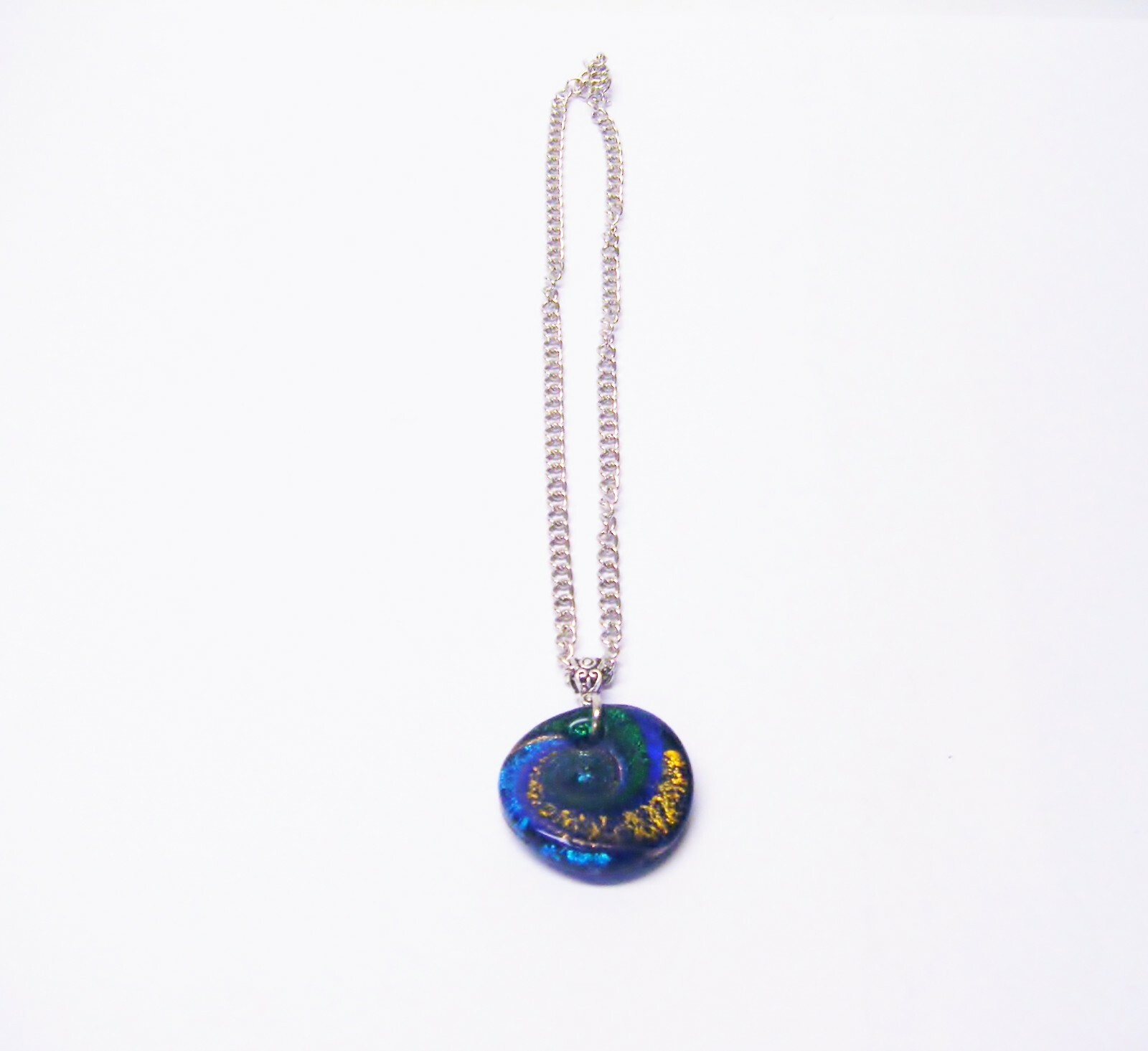 Round Green/Blue/Black & Gold Swirl Pendant Necklace