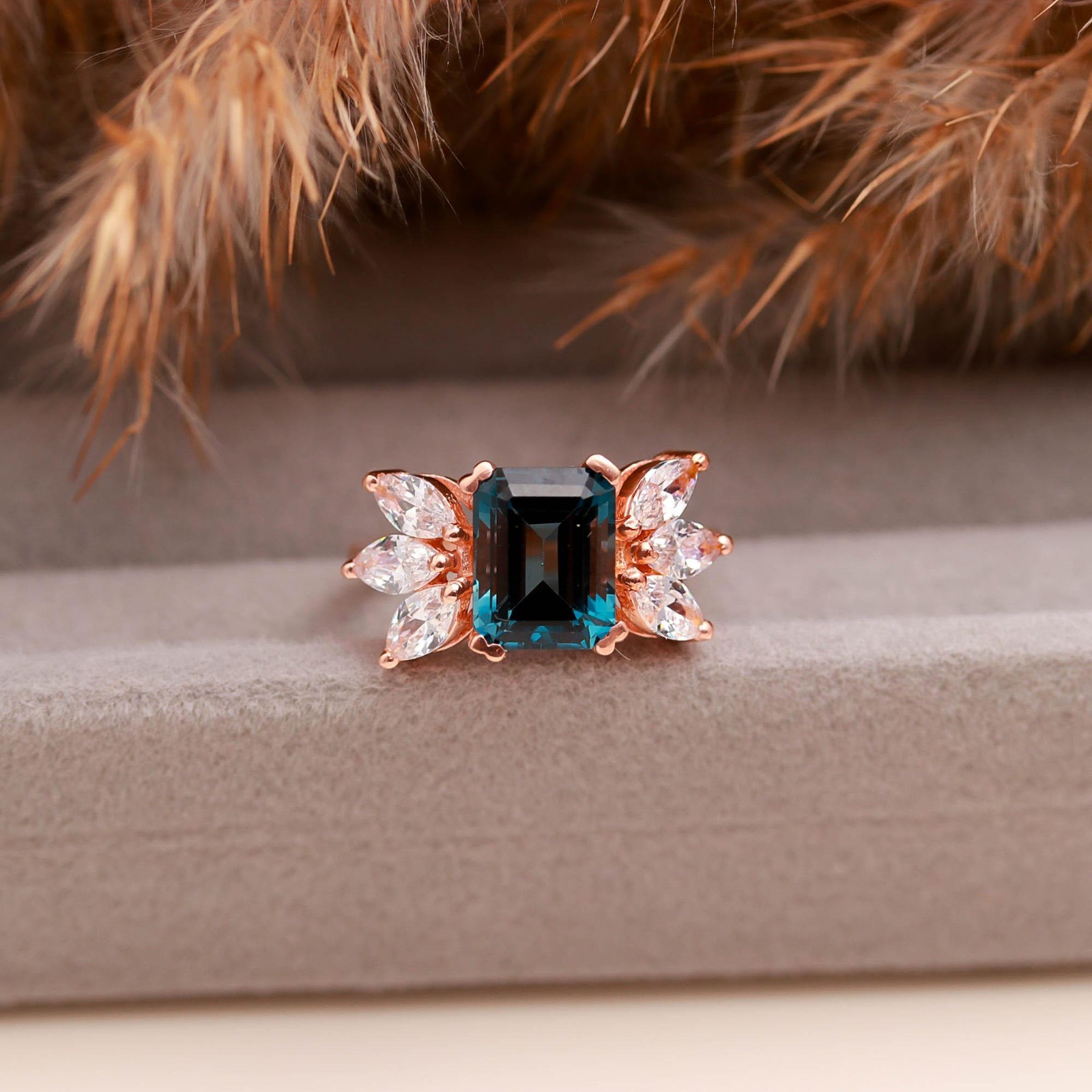 Natural London Blue Topaz Octagon Ring Rose Gold Fill 925Sterling Silver Jewelry
