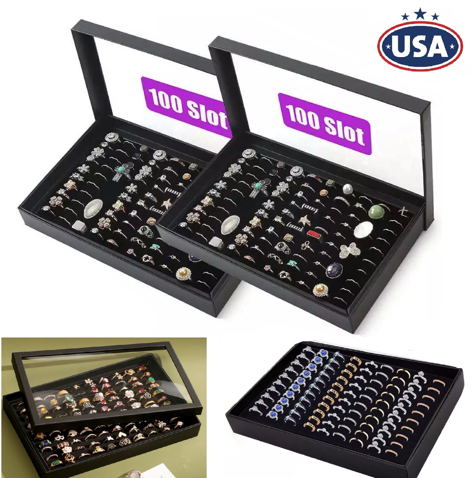 2× Jewelry Ring Display Organizer Tray Holder 100 Slots Earrings Storage Case US