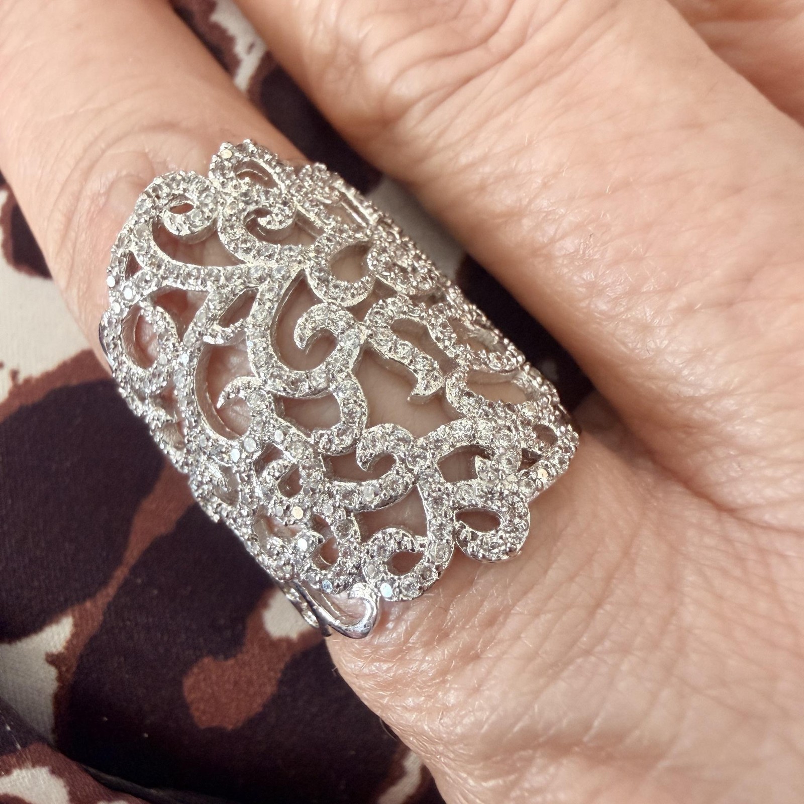 Silver Tone Rhinestone Full Finger Cocktail Ring Size 8 Filigree Statement Bling