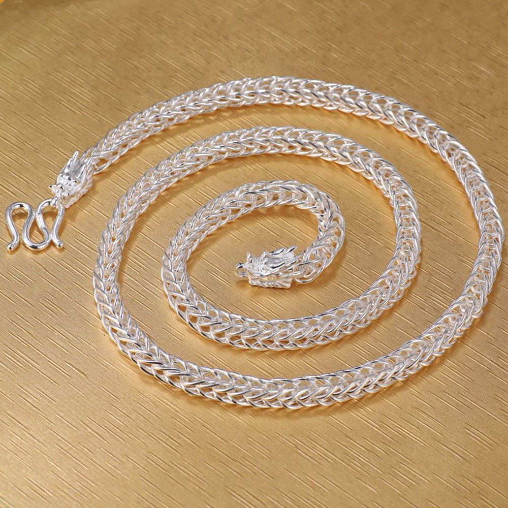 Real 999 Fine Silver Dragon Head Wheat Link Chain Necklace 6.5mm 21.6- 23.6inch