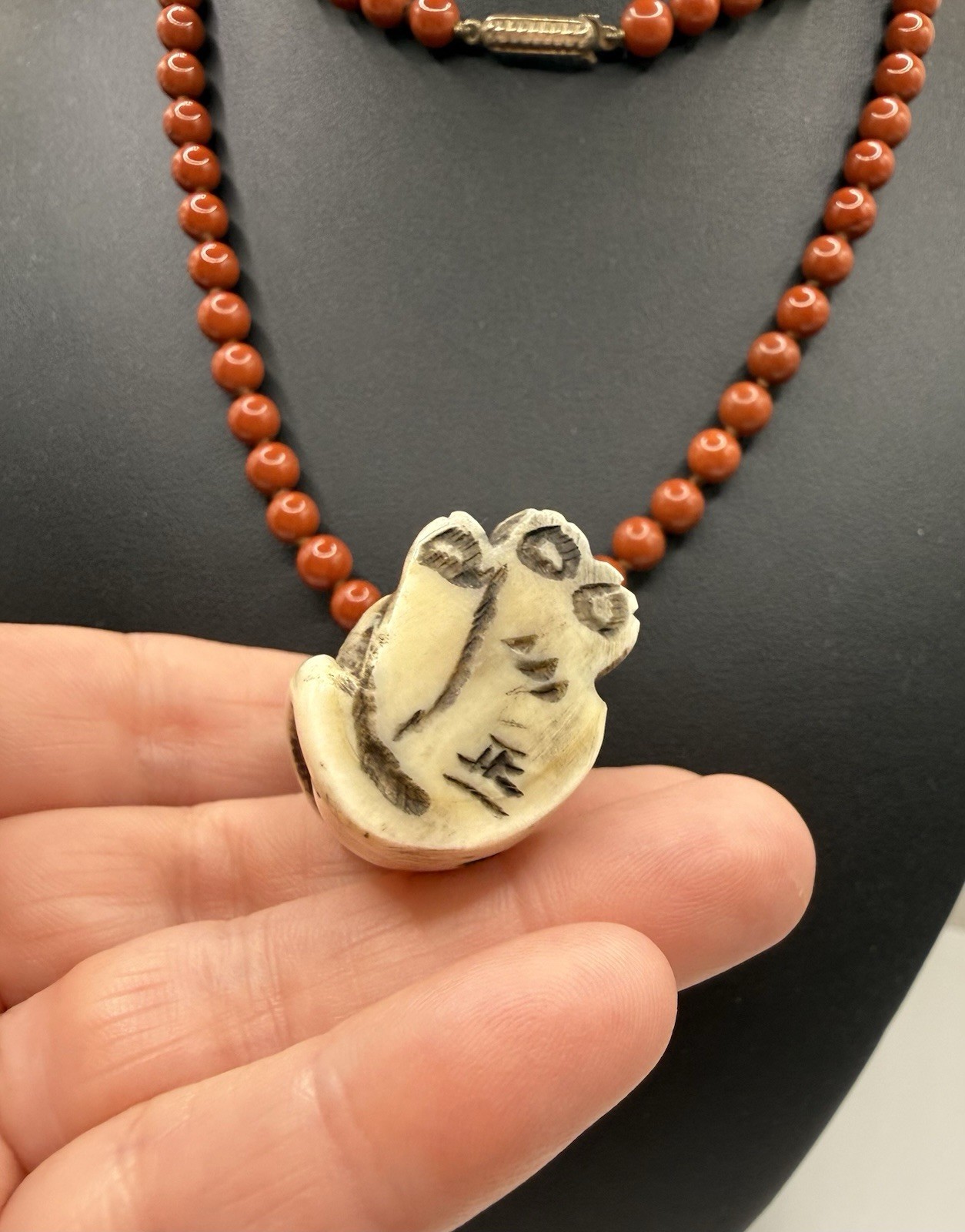 JKa Signed Jasper Necklace With Carved Tiger Netsuke Pendant Vintage Sterling