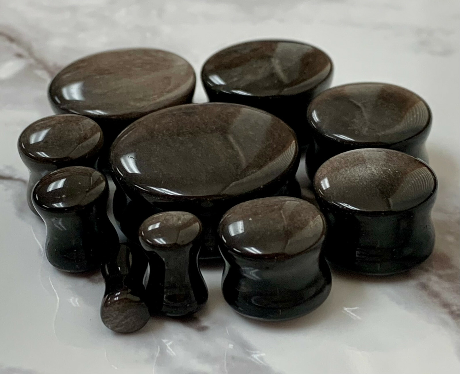 PAIR Silver Obsidian Natural Stone Double Flare Plugs Organic Earlets Gauges