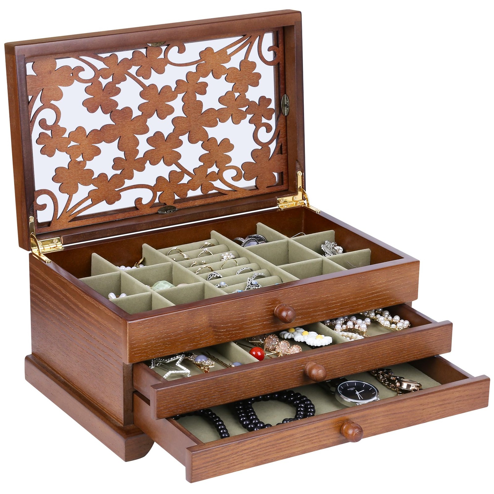 Kendal Wooden Jewelry Box for Women, Real 3 Layer with Green Lining