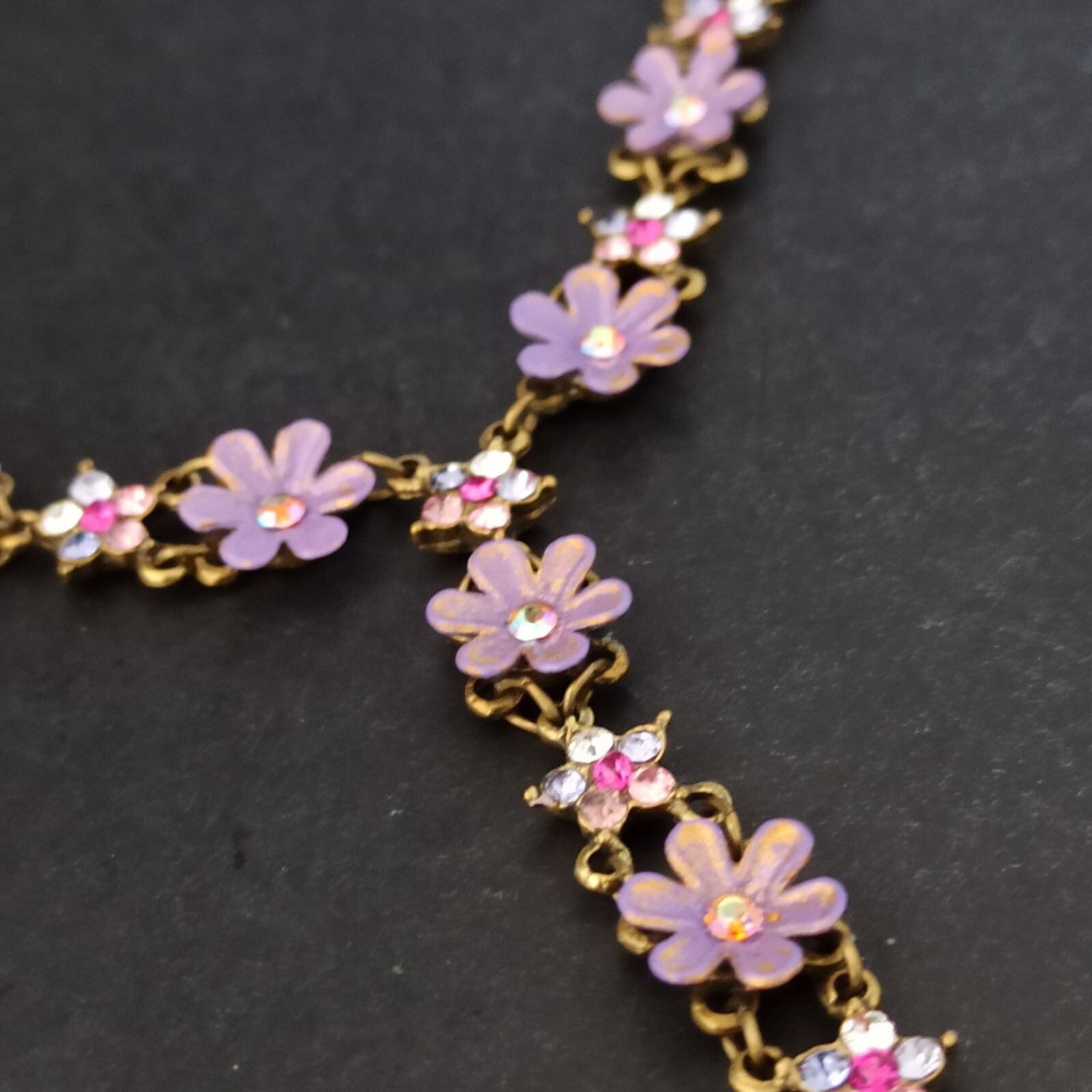 Michal Negrin Necklace Purple Flowers Pink Shades Crystals Cocktail Romantic Box