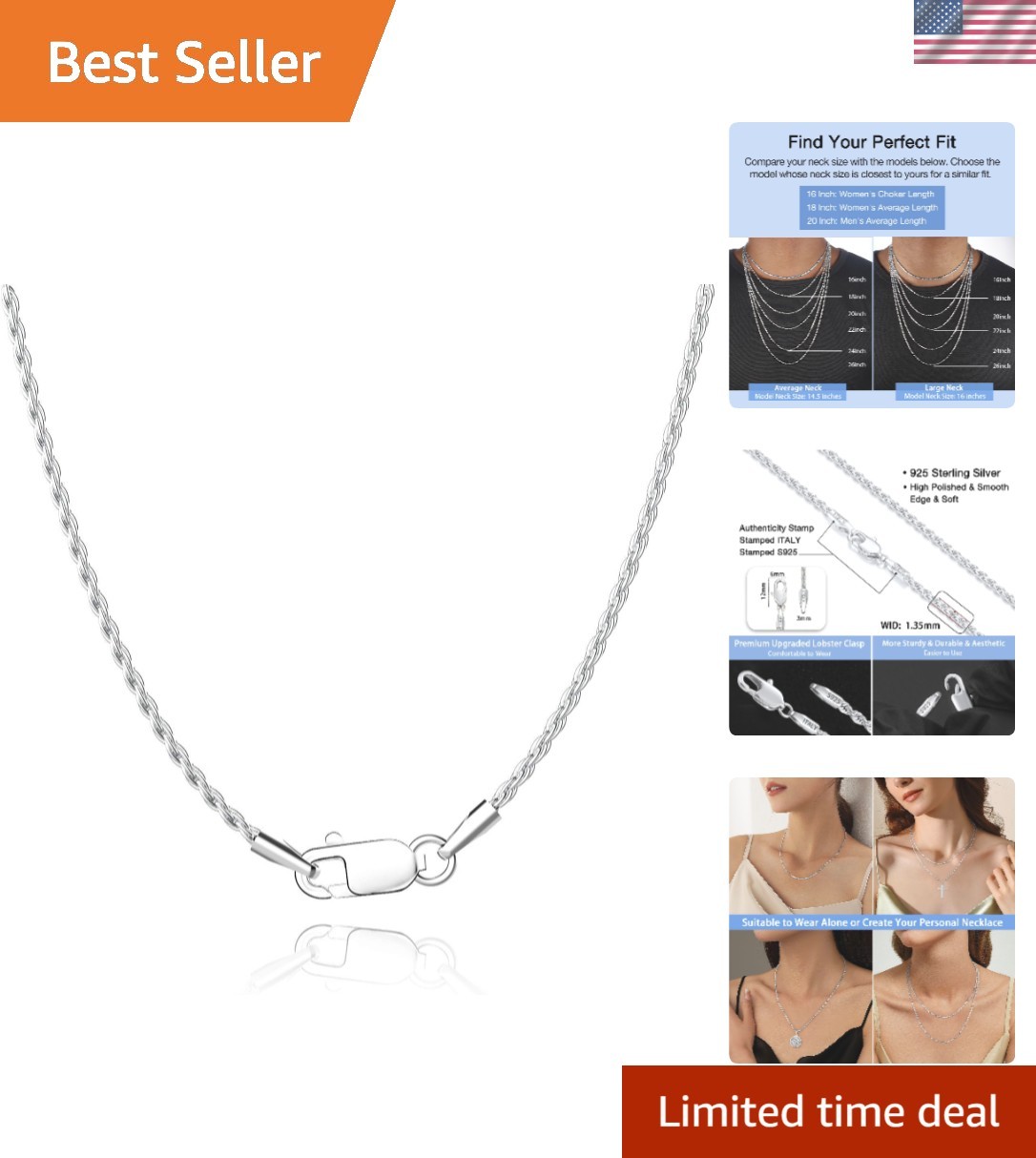 Unisex 18K Gold Plated 925 Silver Rope Chain Necklace – Super Shiny & Durable