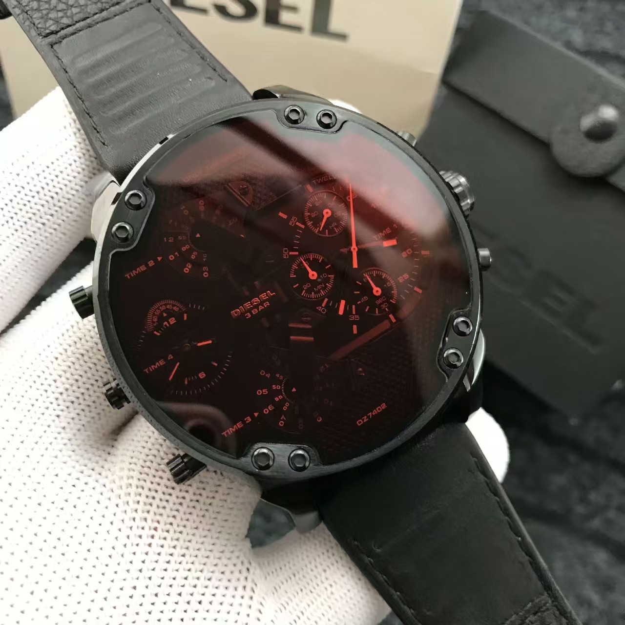 Brand new genuine DZ7402 Mr Daddy 2.0 Chronograph black leather watch 57mm