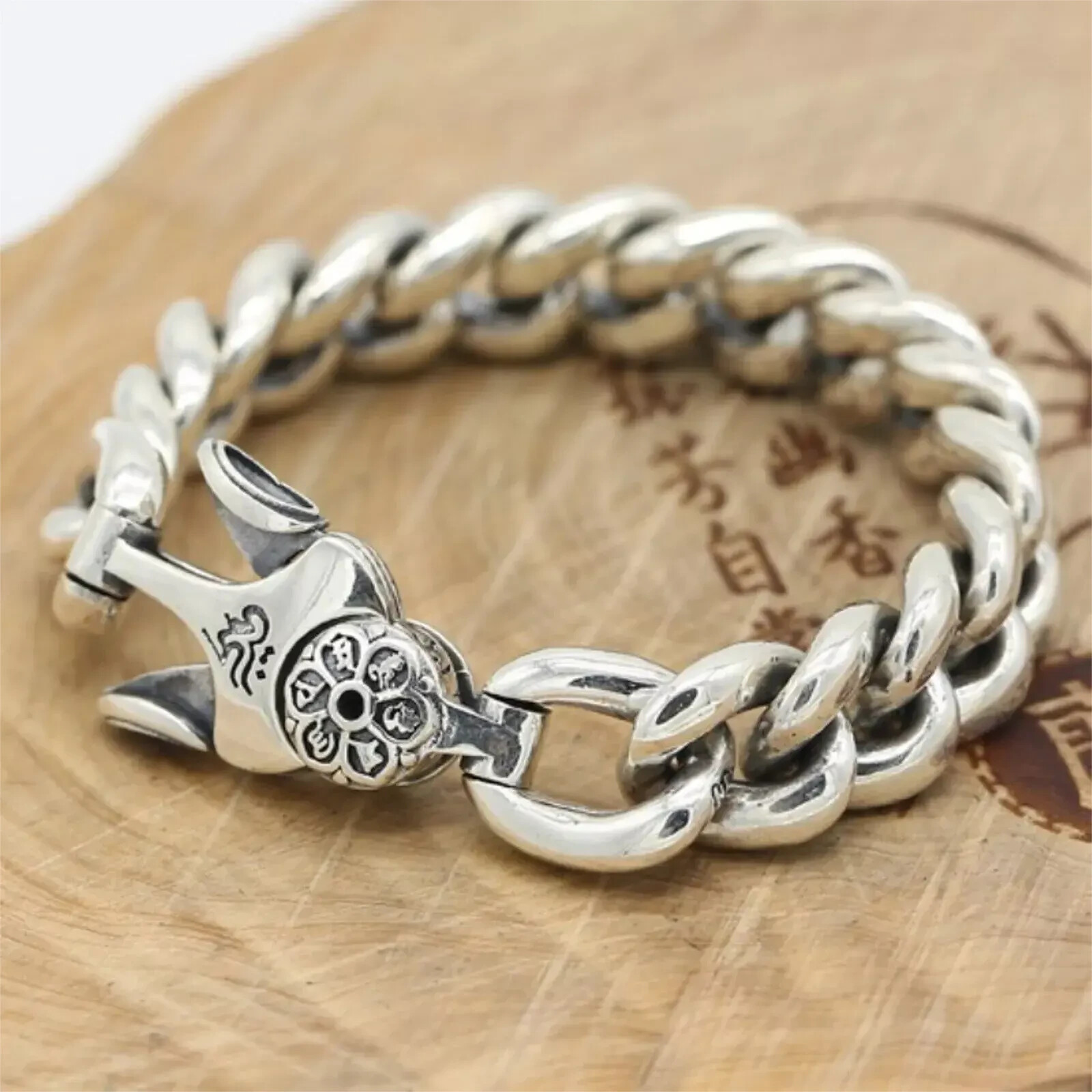 Solid 925 Sterling Silver Chain 14mm Mantra Curb Cuban Link Bracelet 114g/8.6in