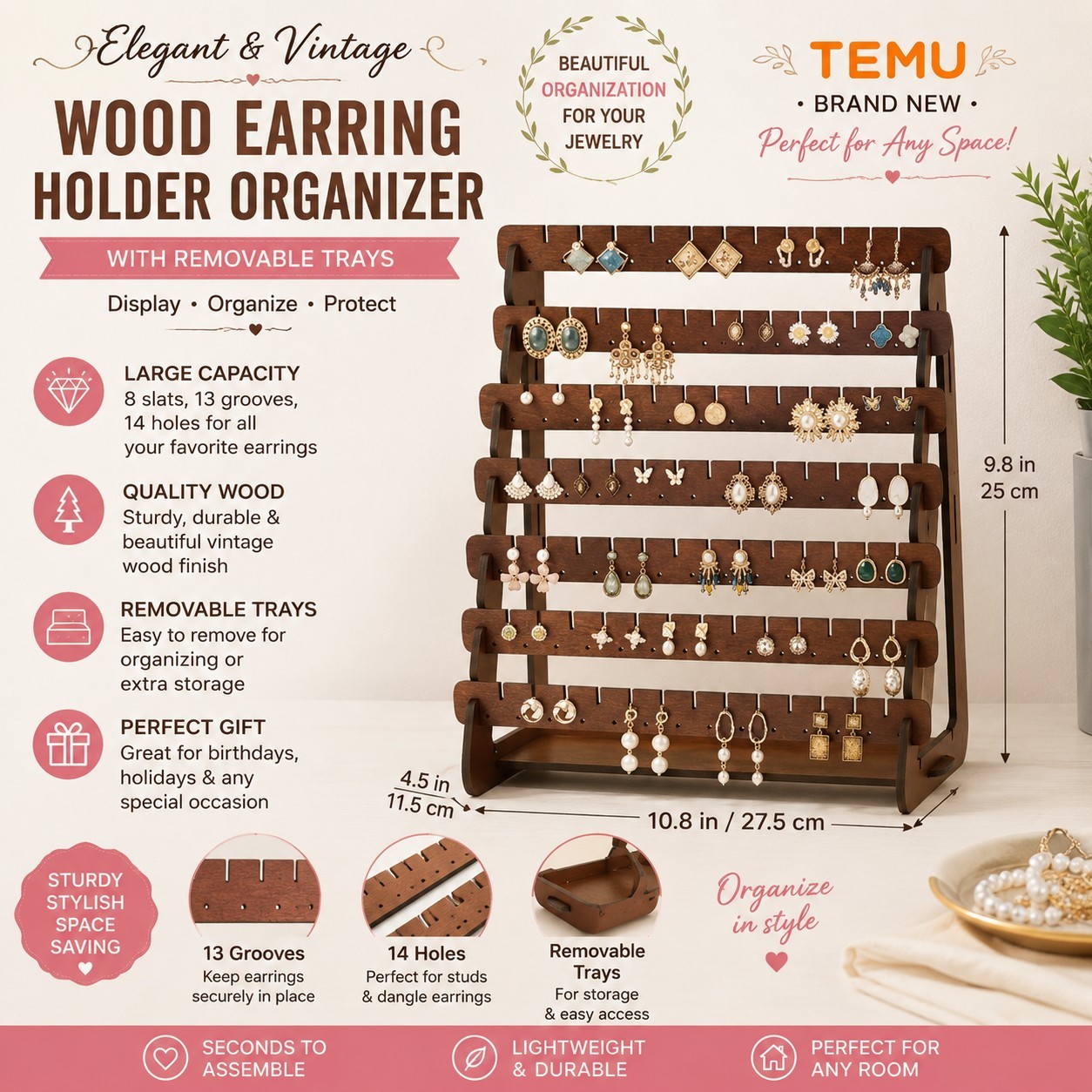 Wood Earring Holder Organizer Display Stand Jewelry Rack 8-Tier Walnut…