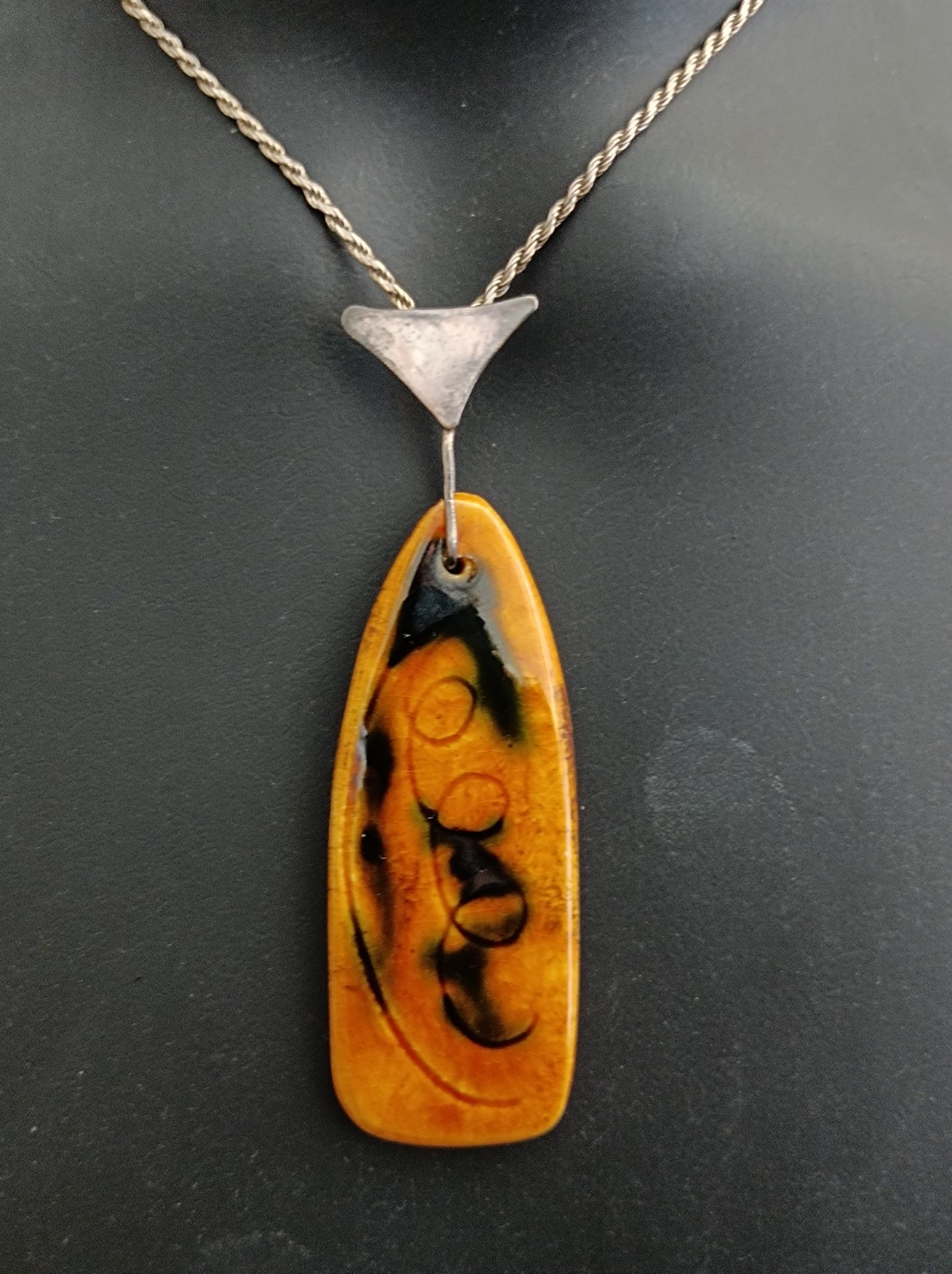 VTG Silver Modernist Israeli Enamel Necklace Abstract 60s 7Os Mustard Yellow 925