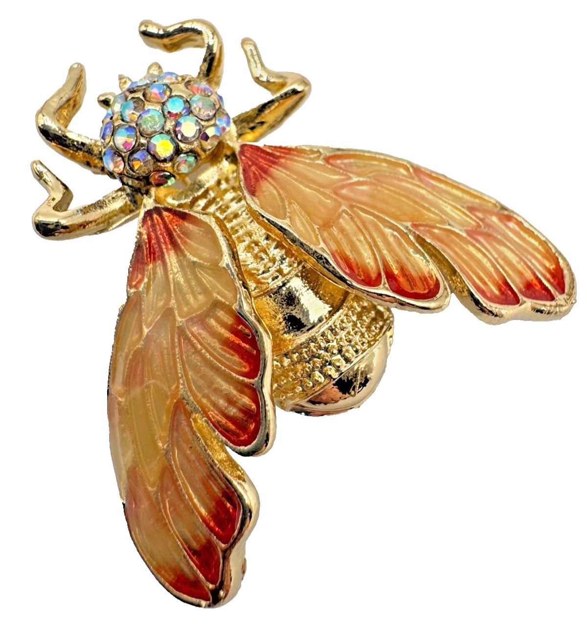 T10-2187 BROOCH GOLD TONE PIN 1.4″ ENAMEL RHINSTONE ANIMAL BEE INSECT ORANGE