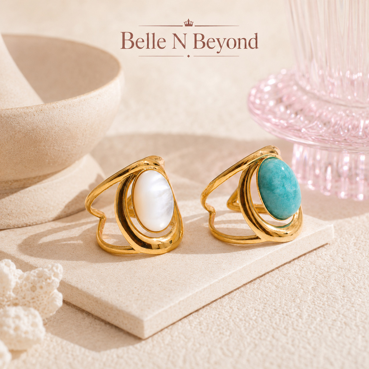 PVD Gold Plated Oval Cabochon Ring White Turquoise Color Stainless Steel Women