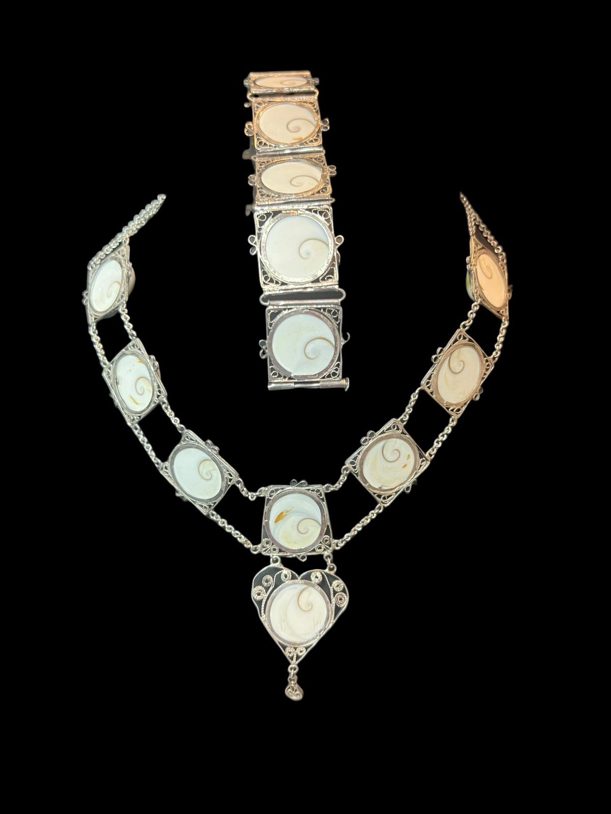 SS Vintage Filigree Necklace Bracelet Set Natural Operculum Cabochons Cats Eye