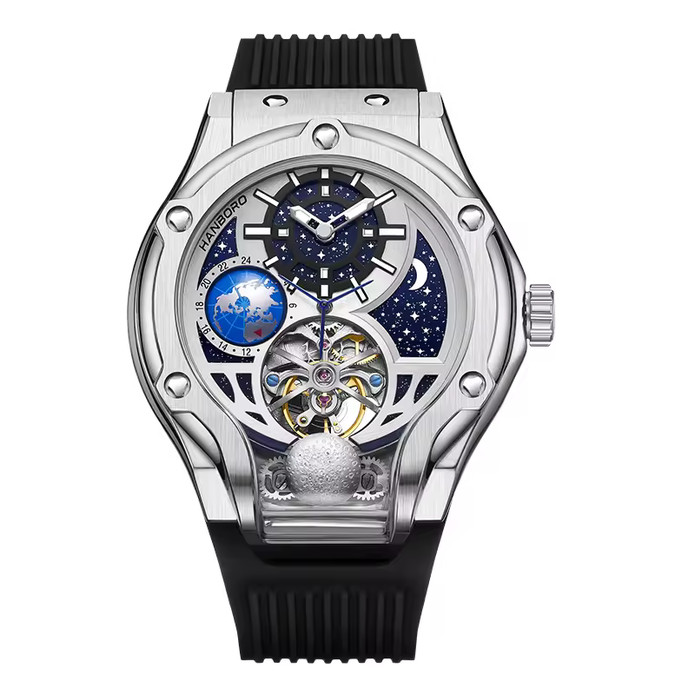 HANBORO Men Automatic Watch Sapphire Crystal Stainless Steel Skeleton H980 Silve