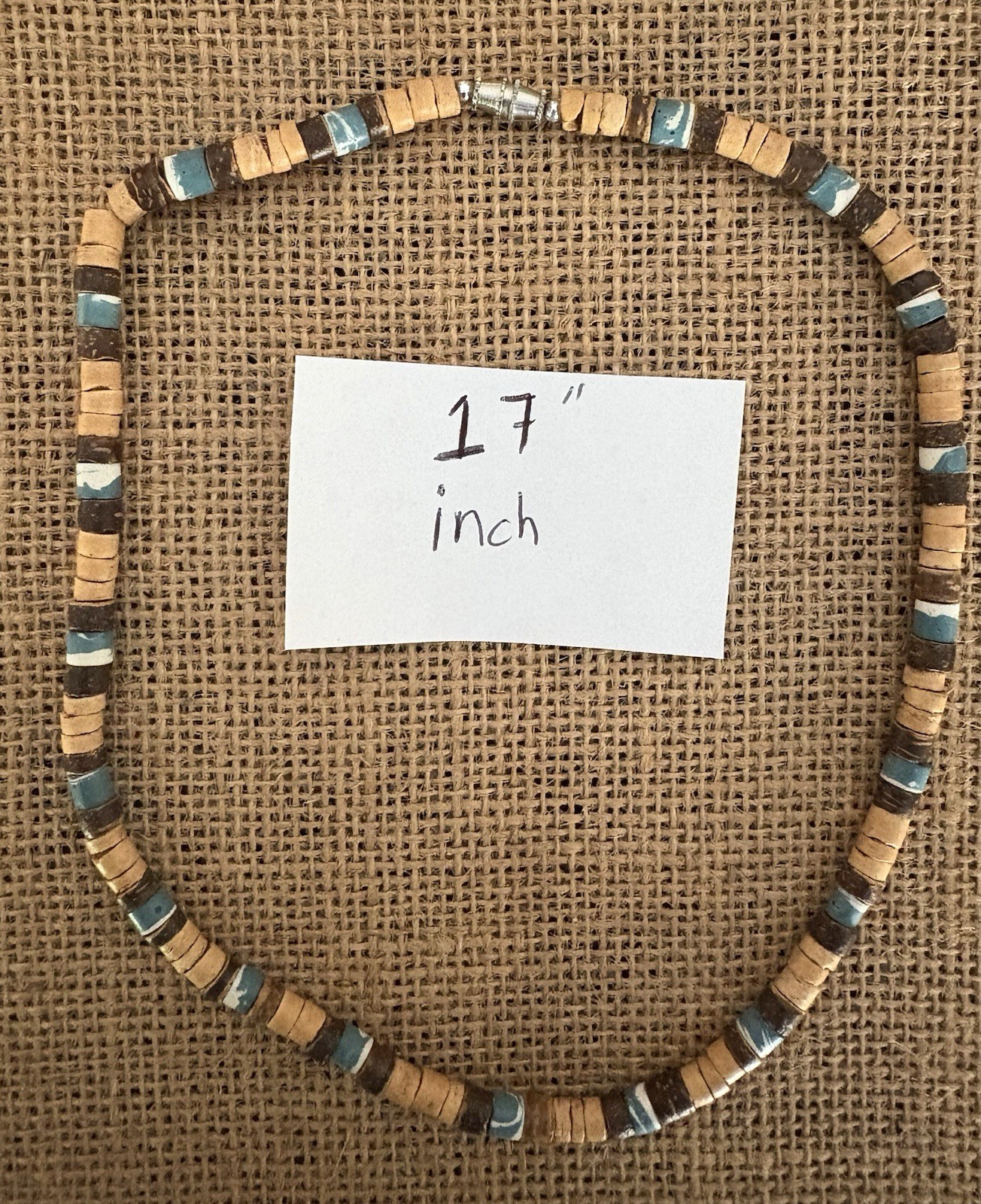 Wood Beaded Necklace Brown Blue White 17 in Ball/Bead Chain Barrel Closure