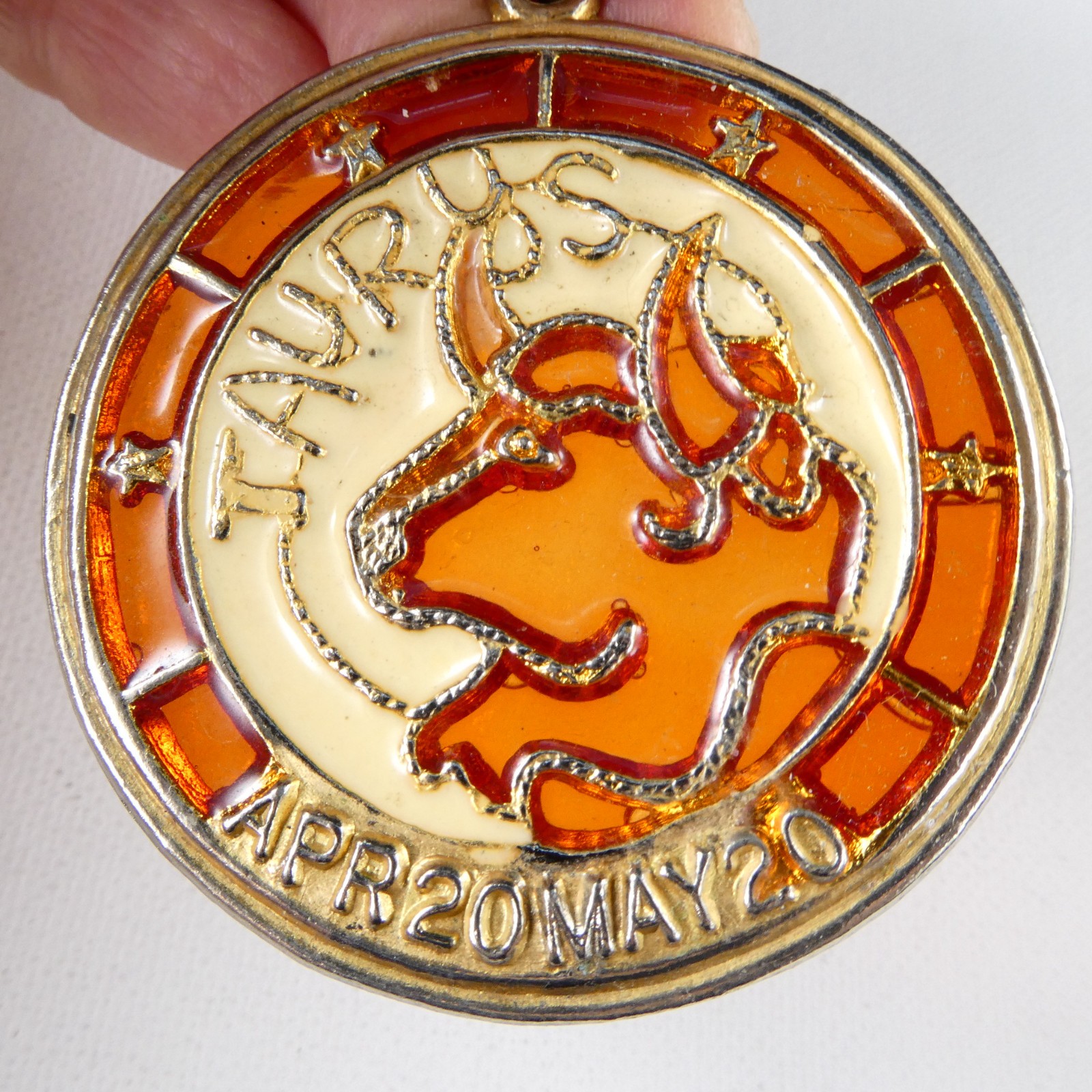 Vintage Zodiac Pendant TAURUS The Bull Stained Glass Look Astrology Necklace 18″