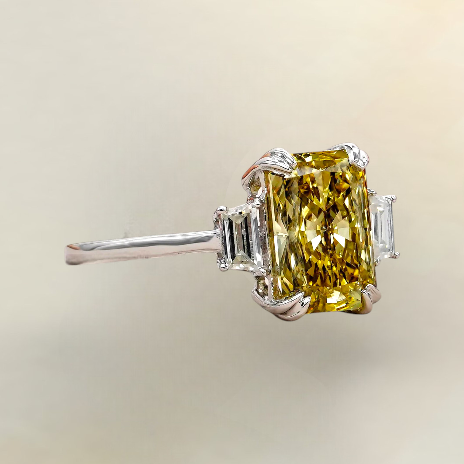 2.30 CT Radiant Cut IGI Lab Grown Diamond Ring 14K White Gold Fancy Vivid Yellow