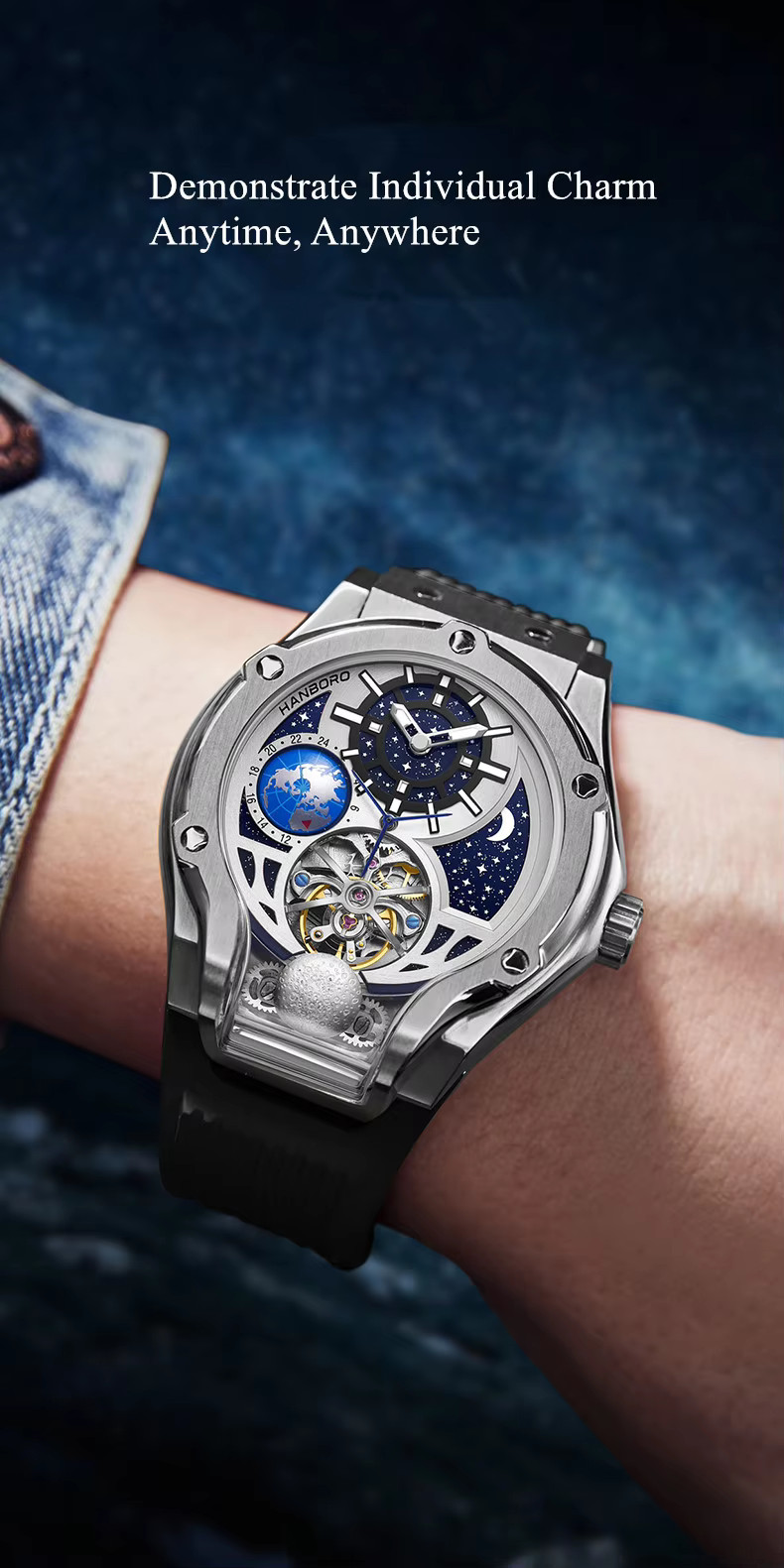 HANBORO Men Automatic Watch Sapphire Crystal Stainless Steel Skeleton H980 Silve