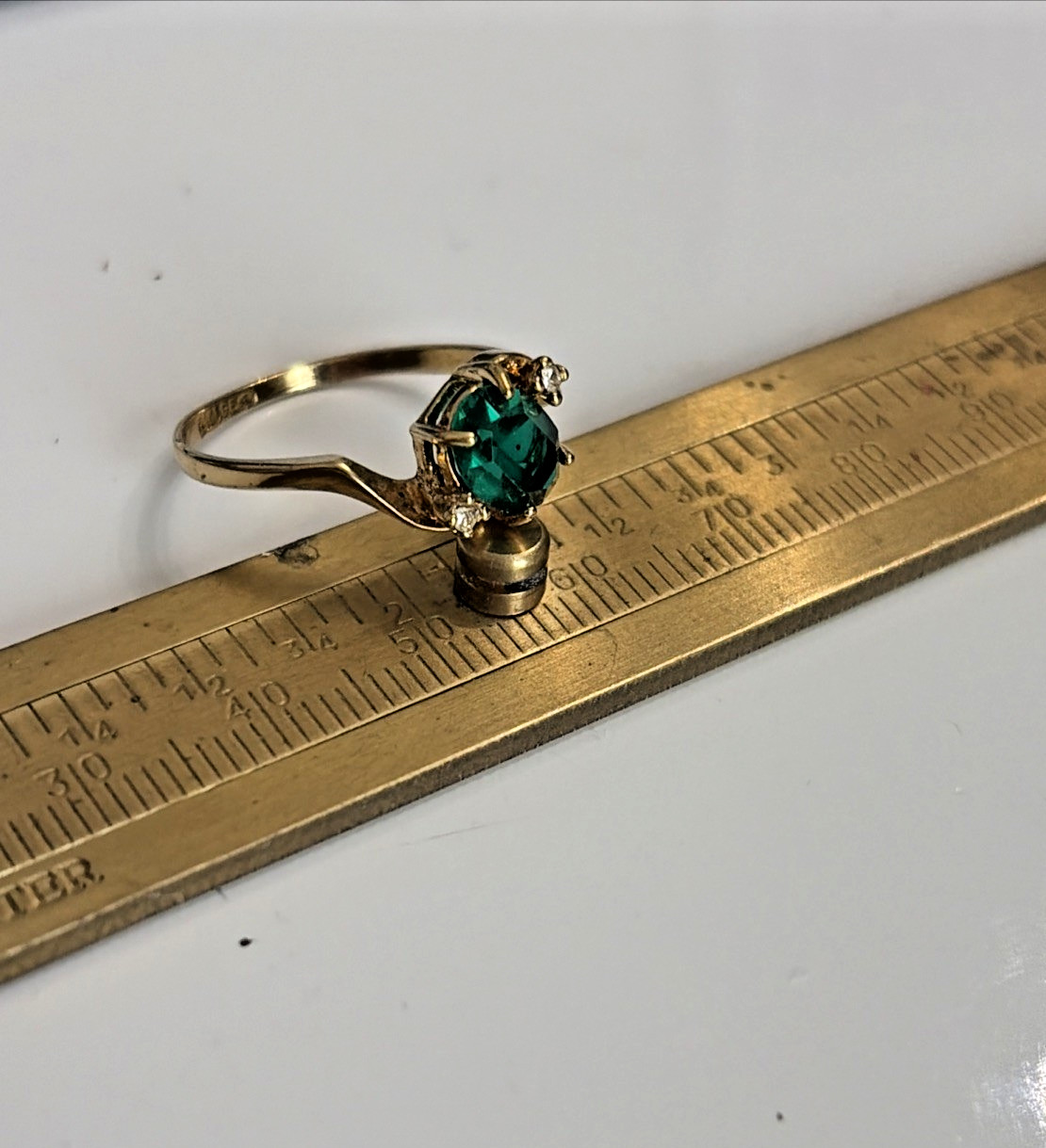 Vintage Gold Filled Ring Green Glass & Rhinestones 8.75 Marked inside