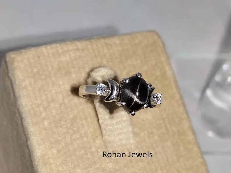 Natural Black Star Sapphire Ring 925 Sterling Silver Solitaire Women’s Ring