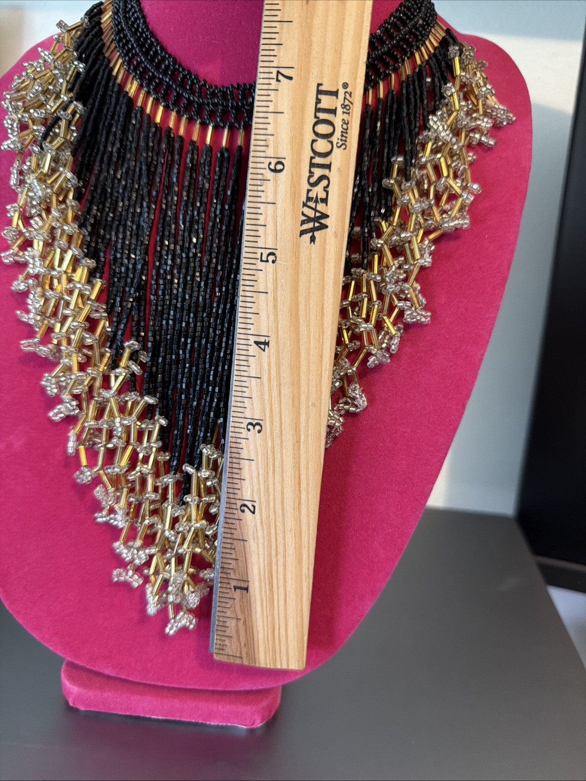 Vintage Fringe Beaded Bib Choker Collar Necklace Black & Gold 16″