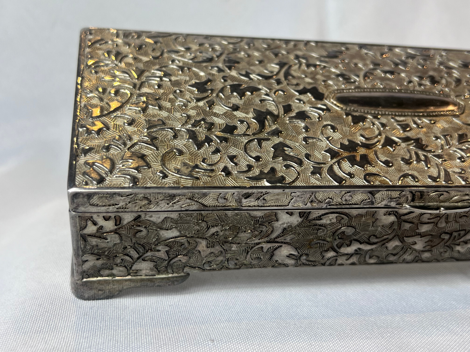Vtg Silver Tone Jewelry Box Mirrored Dresser Vanity Table Top Lined Case