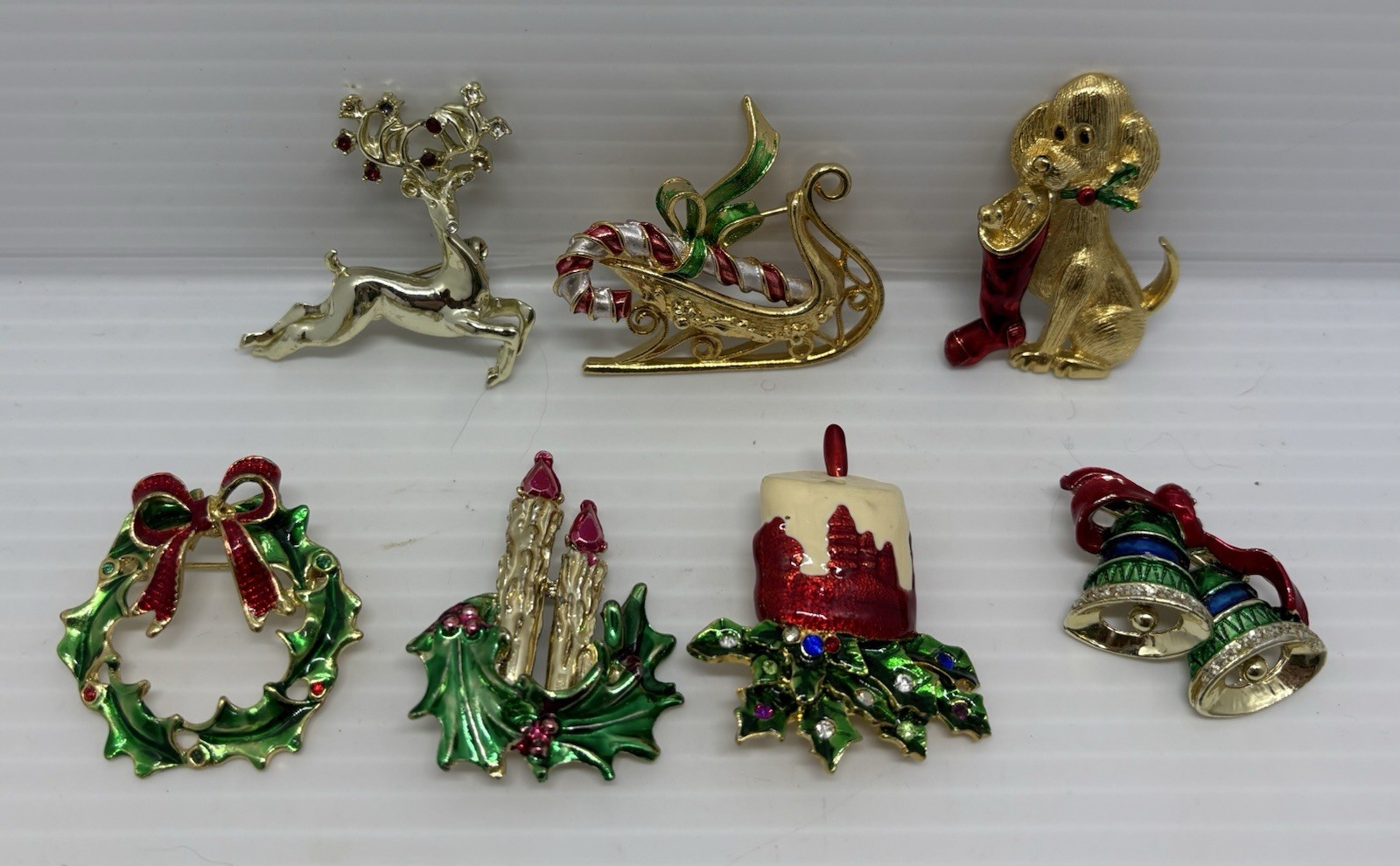 Vintage Lot of 7 Christmas Pins Reindeer-Sled-Dog-Candles-Wreath-Bells