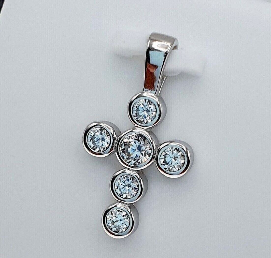 Bezel Stunning Cross Pendant Round Cut Simulated Diamond 14k White Gold Plated