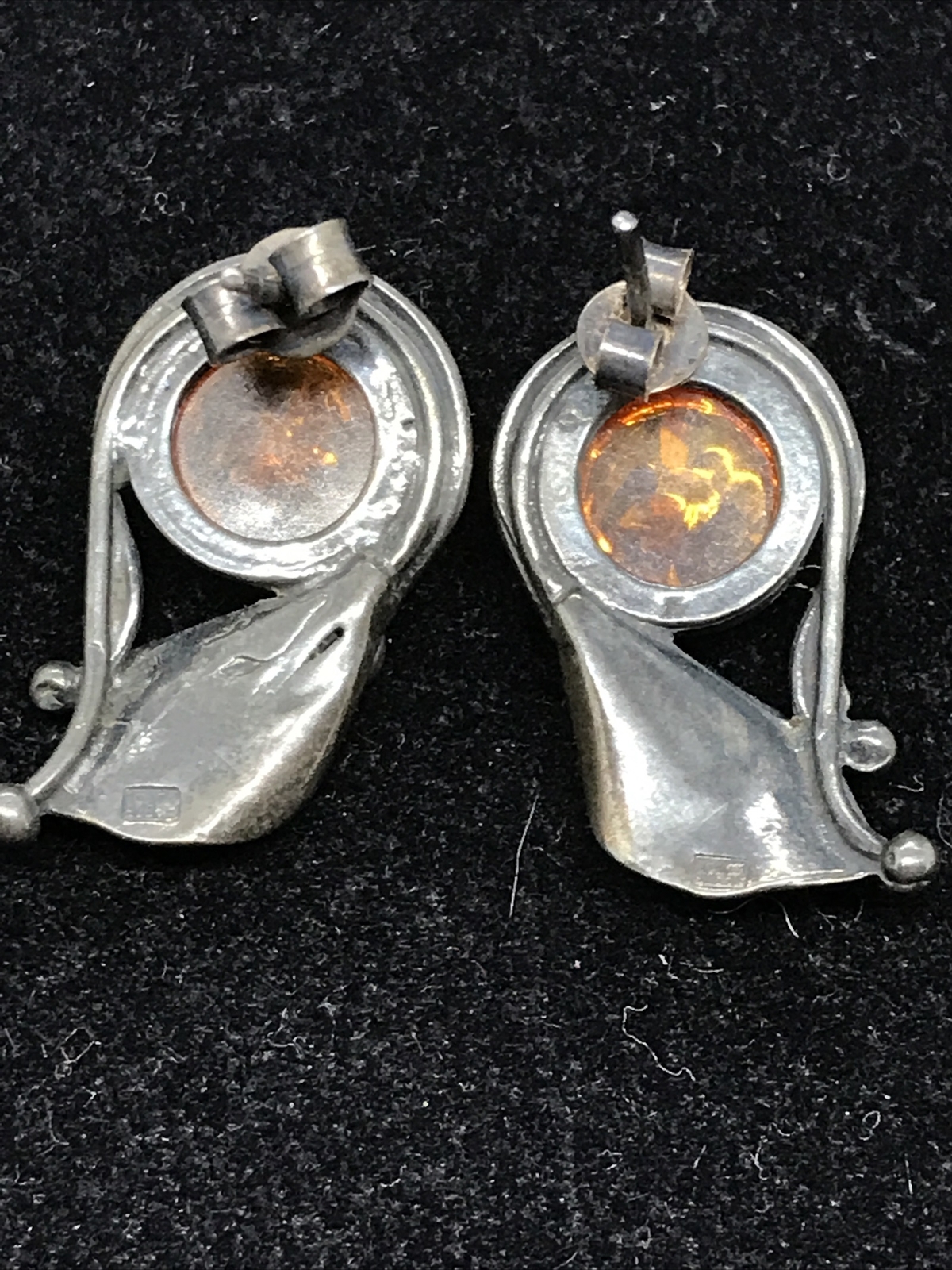 Vintage Sterling Silver 925 Amber Stones Pierced Lilly? Earrings Makers Marked