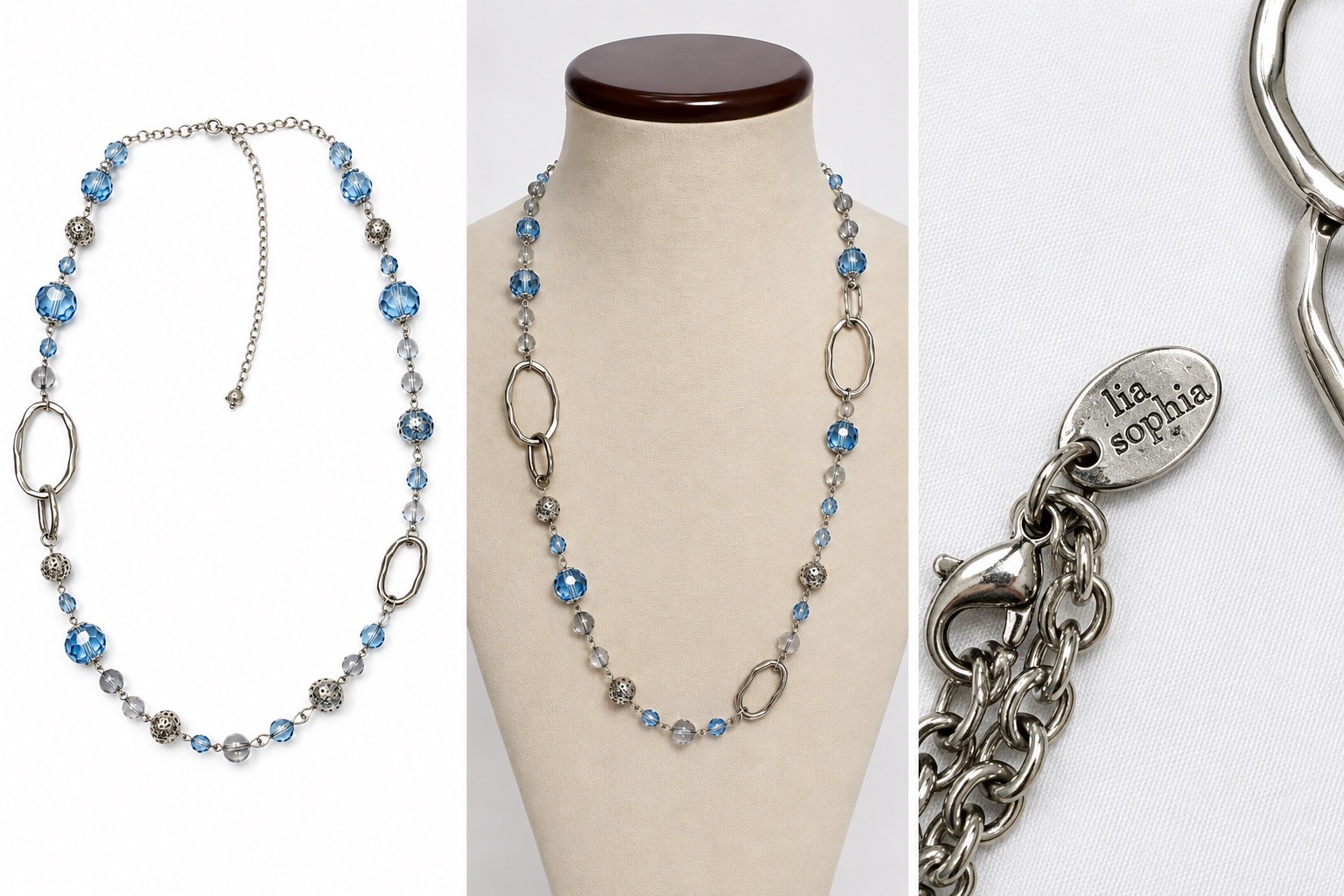 Lia Sophia Silver Plated Blue Crystal Beaded Long Station Necklace Lobster Clasp