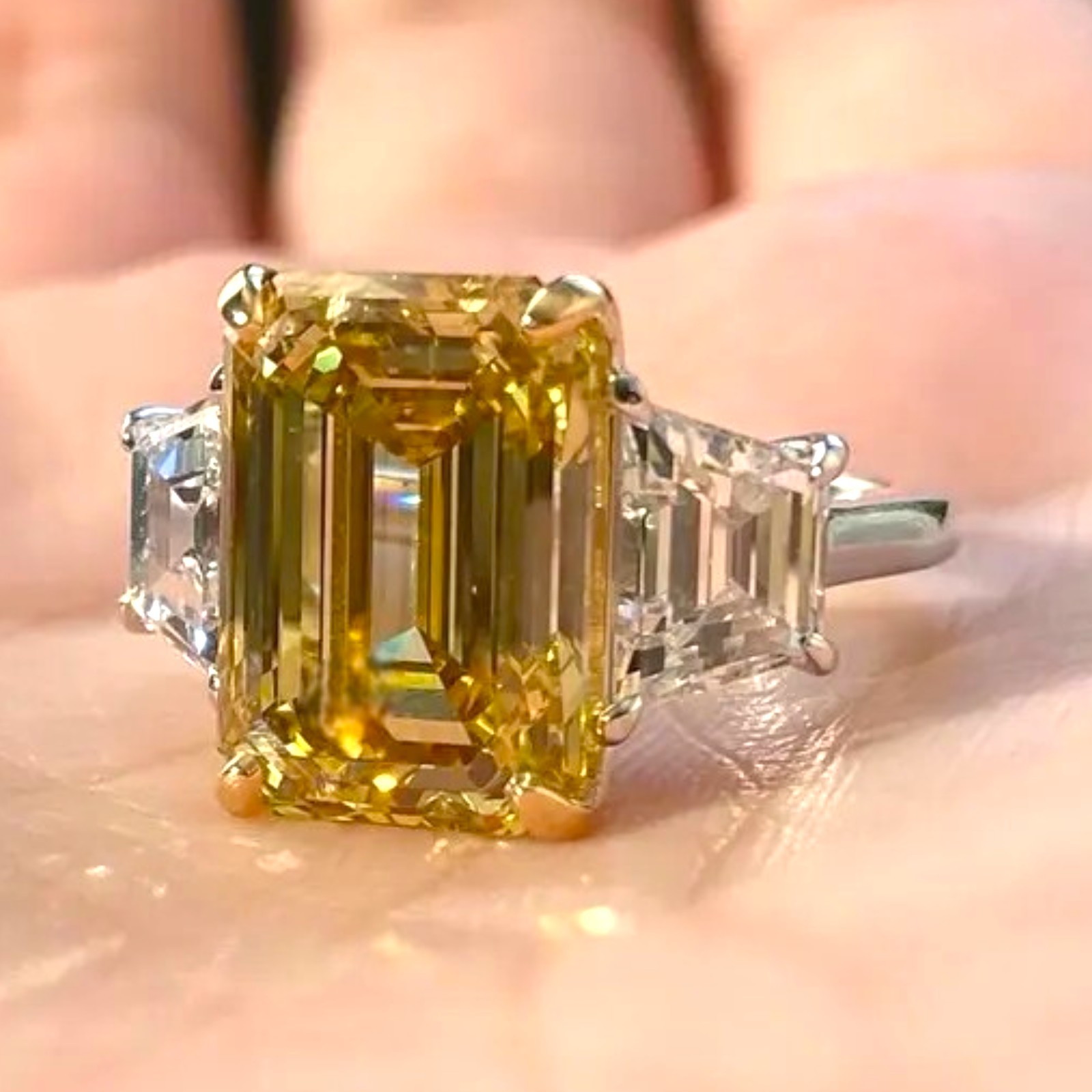Fancy Vivid Yellow Diamond Ring 18K Multi Gold IGI Lab Grown 5.00 Ct Emarald Cut