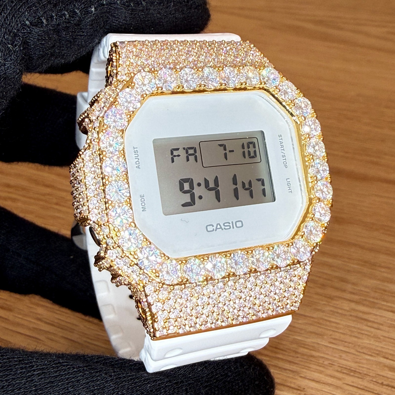 Authentic G Shock White DW5600 Custom Iced Out Moissanite Watch