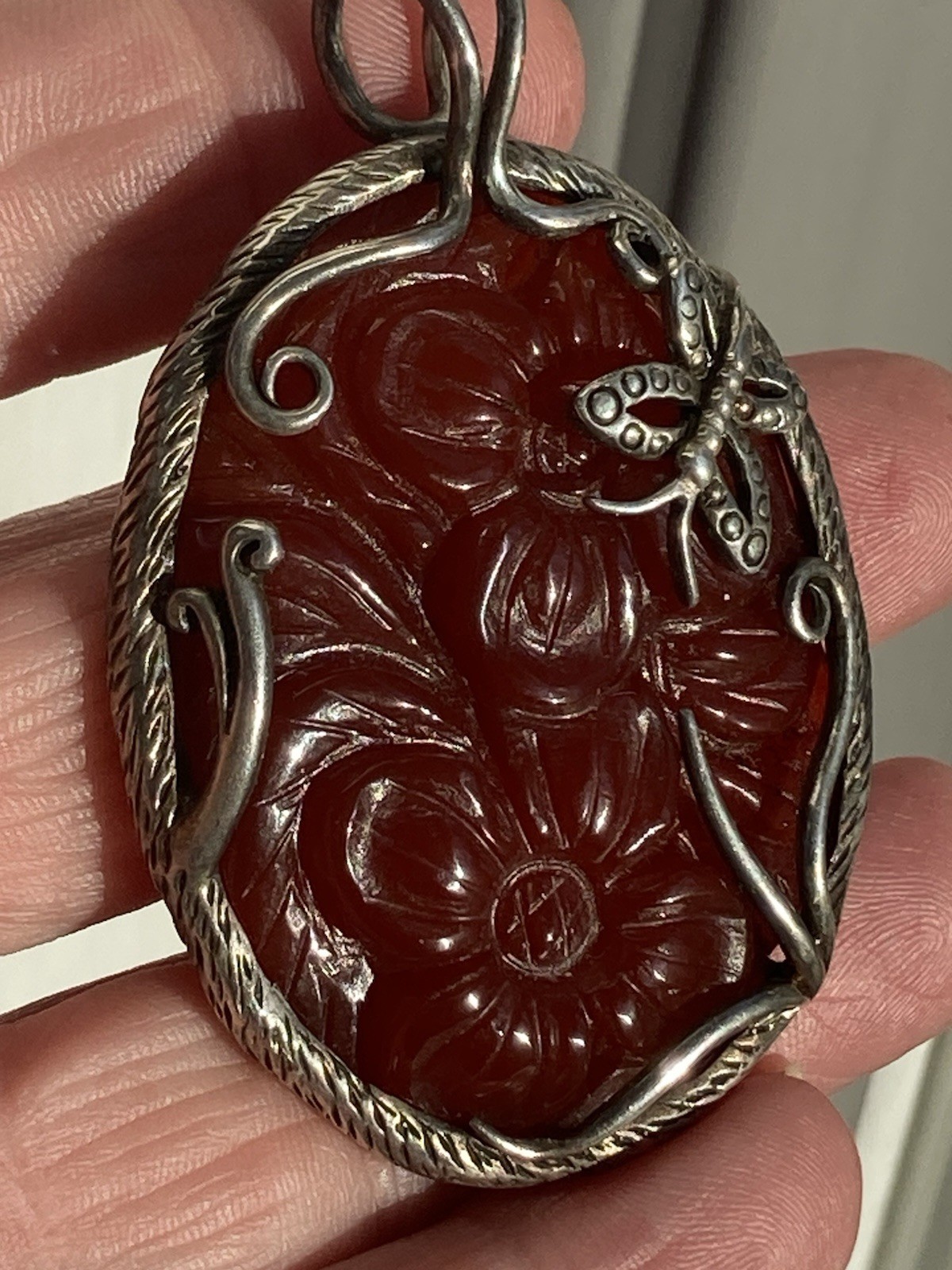 Carnelian Agate Butterfly Flower Big PENDANT Sterling Silver 925 Red Necklace