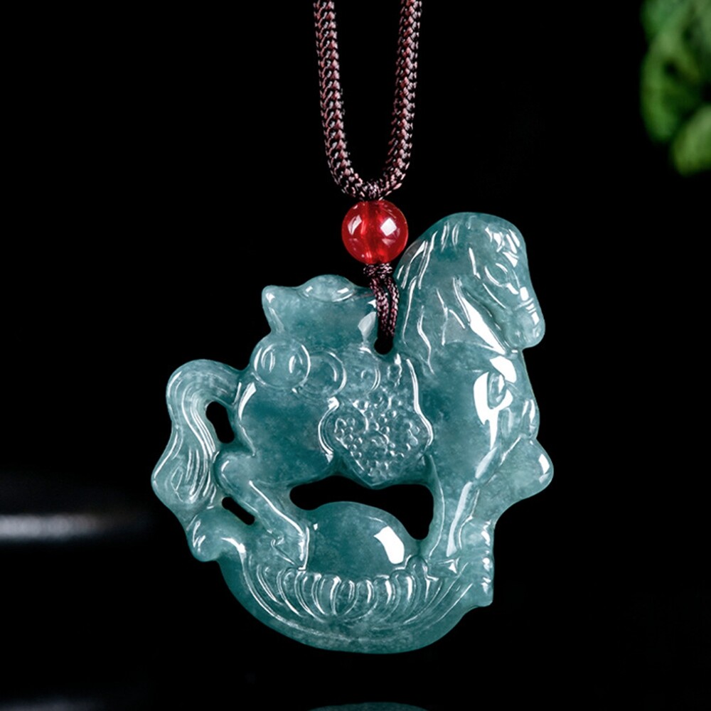 Certified Grade A Natural Green Jade jadeite Zodiac Horse Pendant Necklace