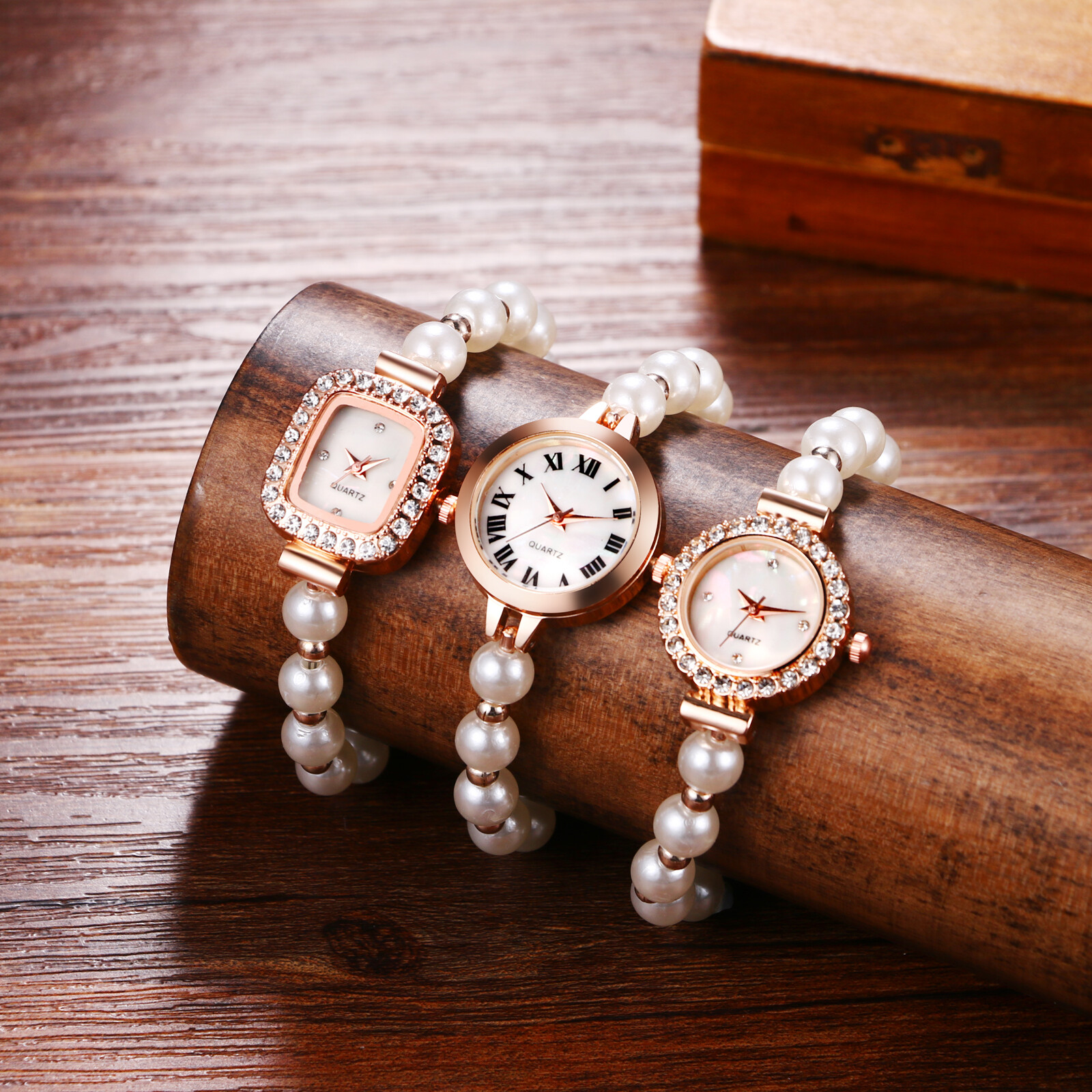 Womens Artificial Pearl Rhinestone Quartz Wrist Watch Adjustable Slider Bracelet