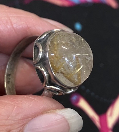Sterling Silver ring featuring a natural golden rutilated quartz stone Size 8.5