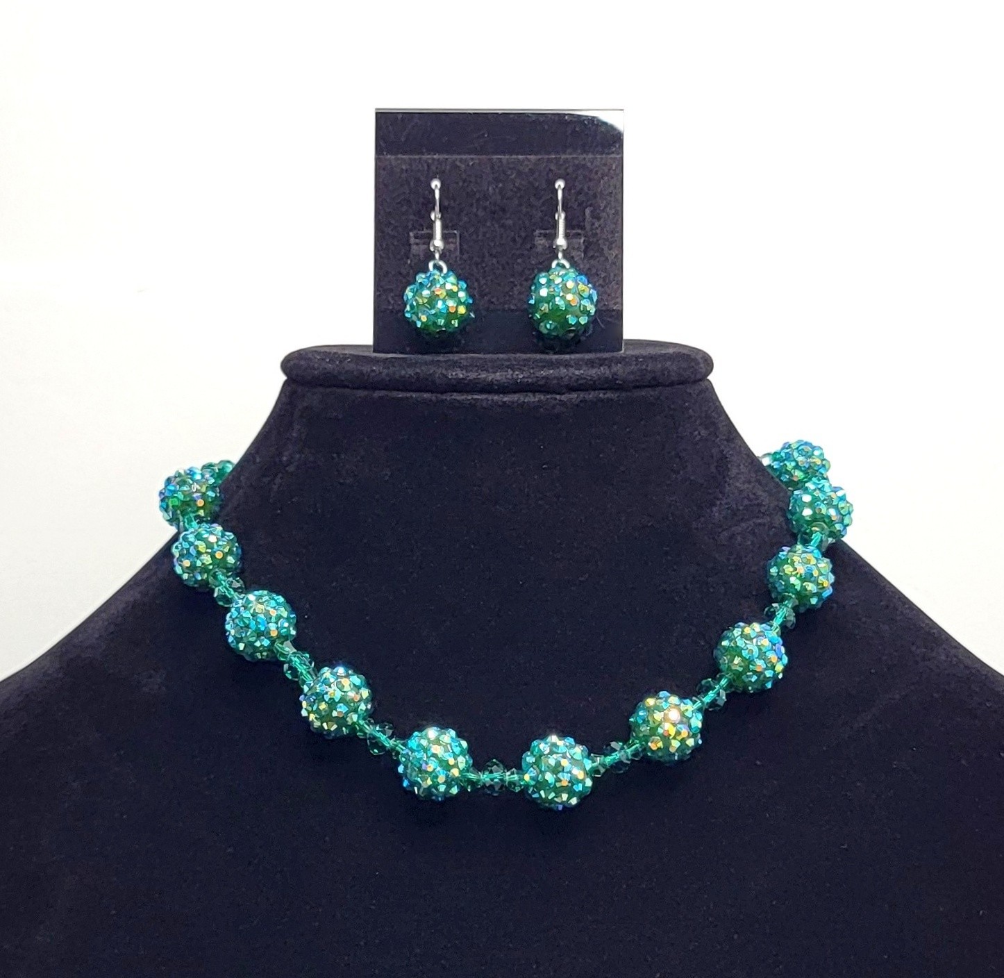 Crystal Beaded Choker Necklace Earrings Set AB Teal Green Rhinestone Disco Ball