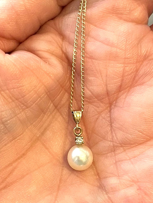 14K Yellow Gold Necklace Pearl Diamond Pendant Solitaire 6.9mm 17″ Chain Vtg WRC