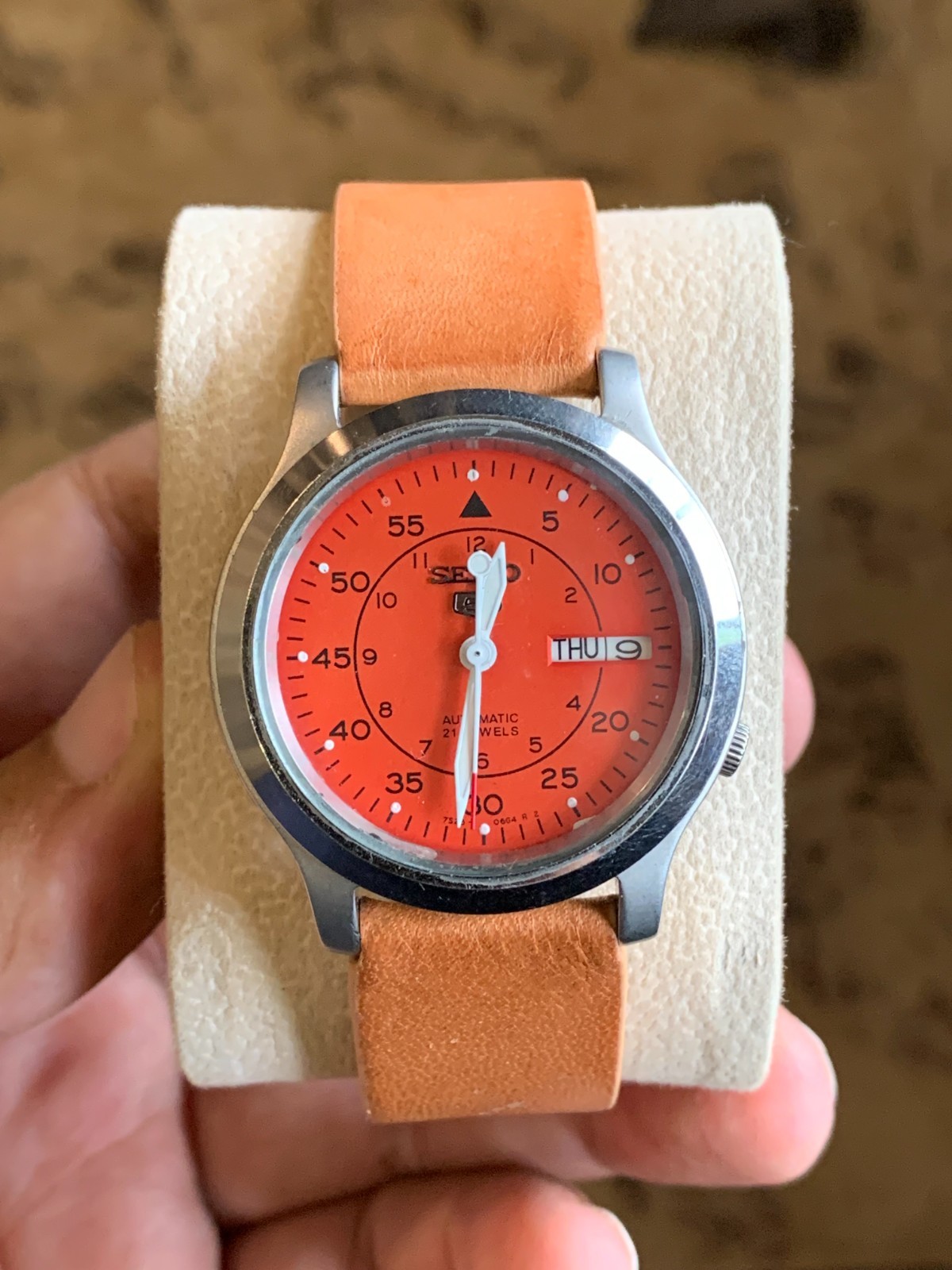 Vintage Seiko 5 Orange Military Dial Day/Date Men’s Wrist watch