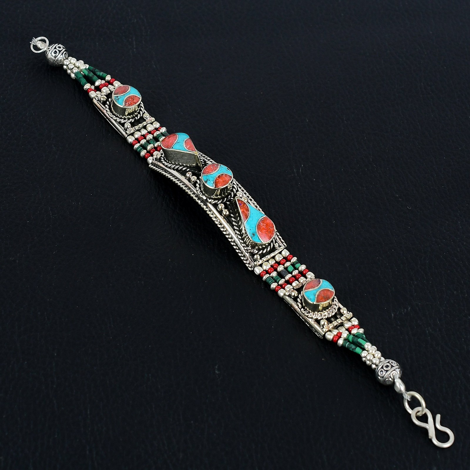 Turquoise Red Coral Boho 925 Sterling Silver Tibetan Nepali Bracelet 7″ PG 2080