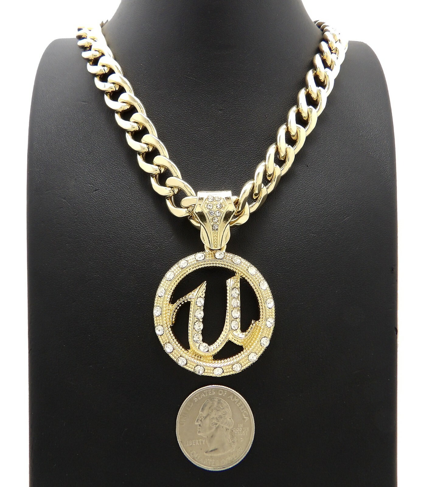 Hip Hop Stone Stud Usher U Pendant 11mm 18″,20″,24″ Cuban Chain Necklace RC4023