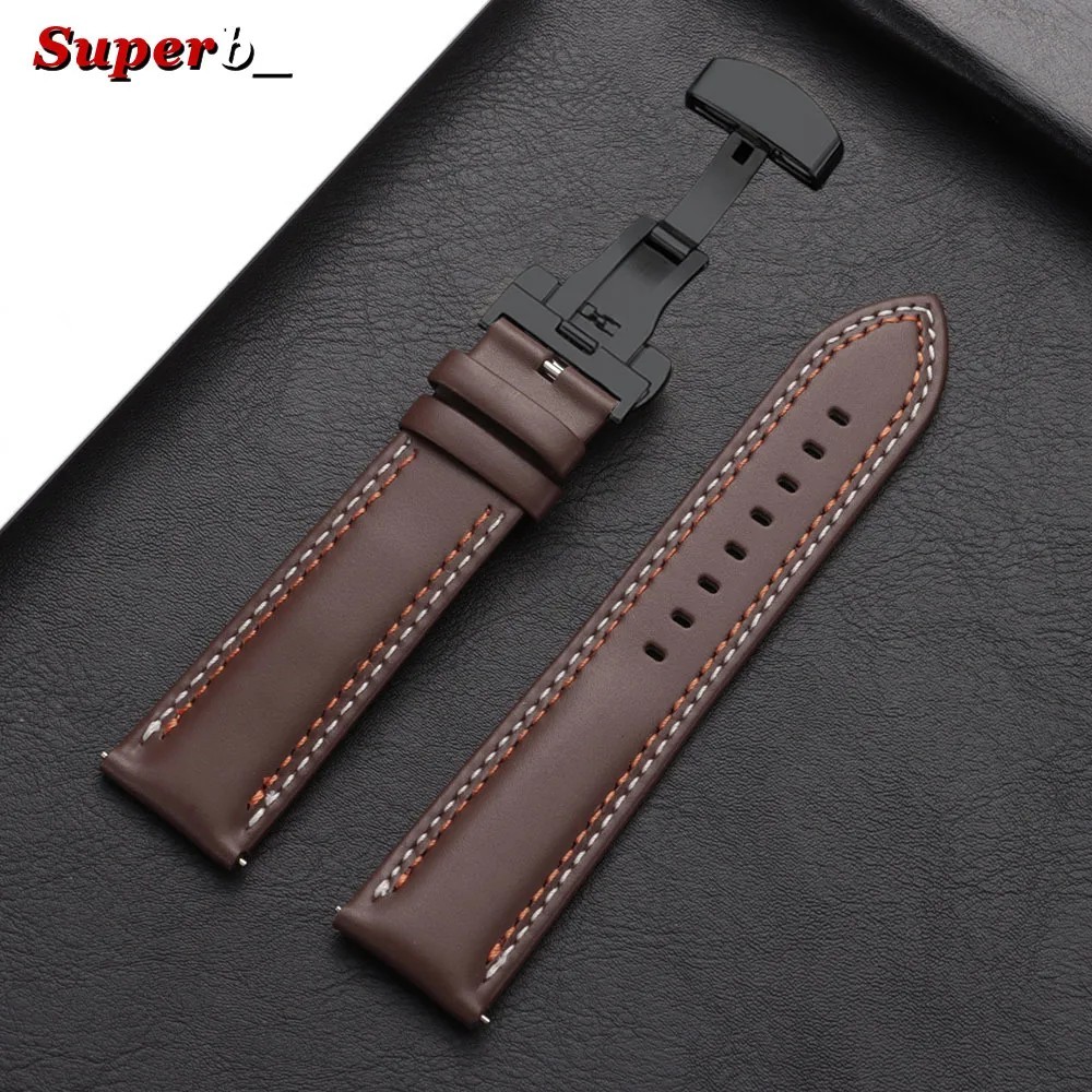Genuine Calfskin Leather Watch Band 20mm 22mm 24mm Butterfly Buckle Strap
