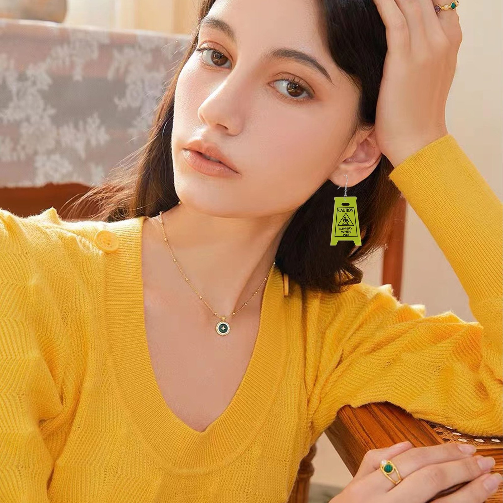 Funny Novelty Acrylic Caution Sign Earrings for Women Slippery When Wet Warni…