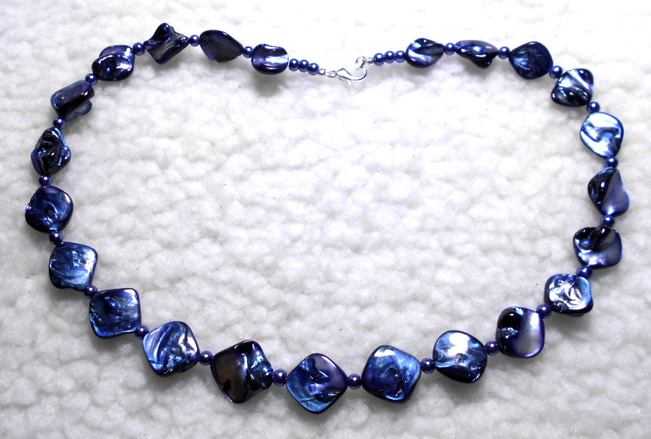 Blue Shell pieces, Blue Glass Pearls, 51cm, 20″, Necklace. Handmade. (1B1)